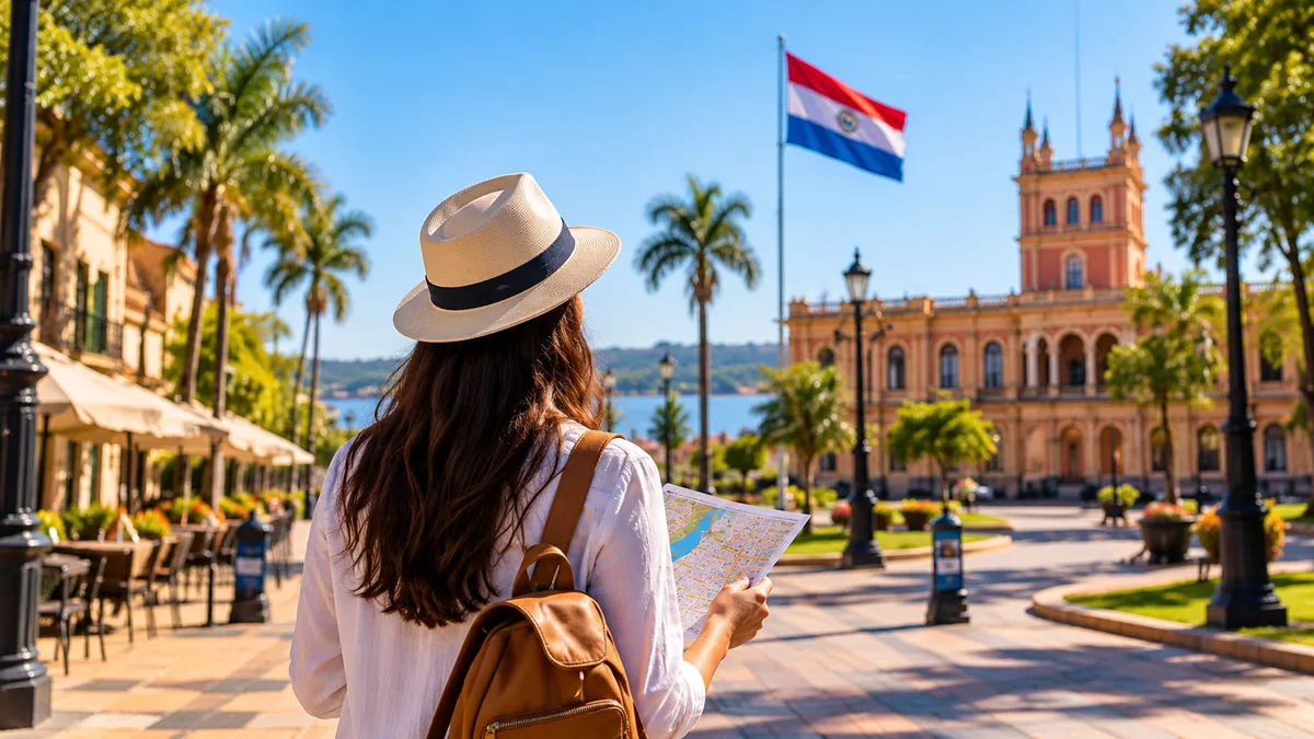 Mulher consultando mapa em cenário urbano inspirado no Paraguai, representando a preparação para morar no país e aprender espanhol.