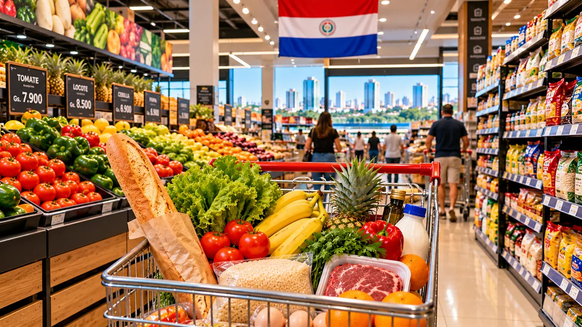 Supermercado ilustrativo no Paraguai com carrinho de compras, frutas, verduras, carnes e alimentos do cotidiano.